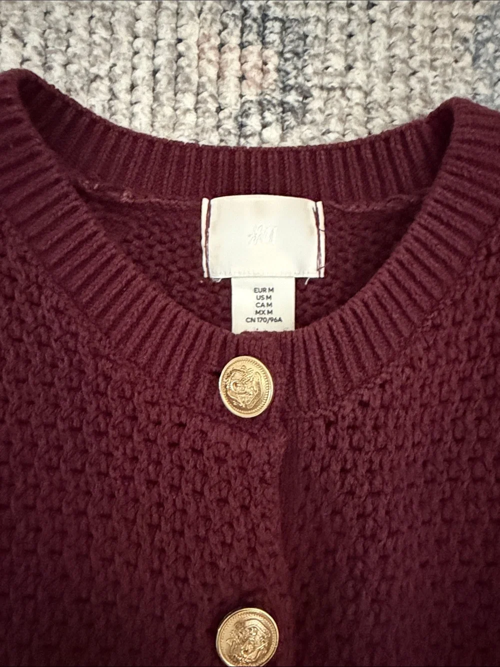 H&M Short-Sleeve Textured Knit Cardigan in Burgundy with Gold Buttons